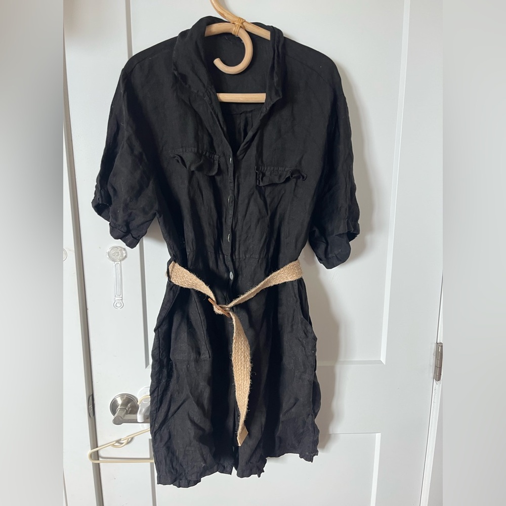 Linen romper with woven raffia belt